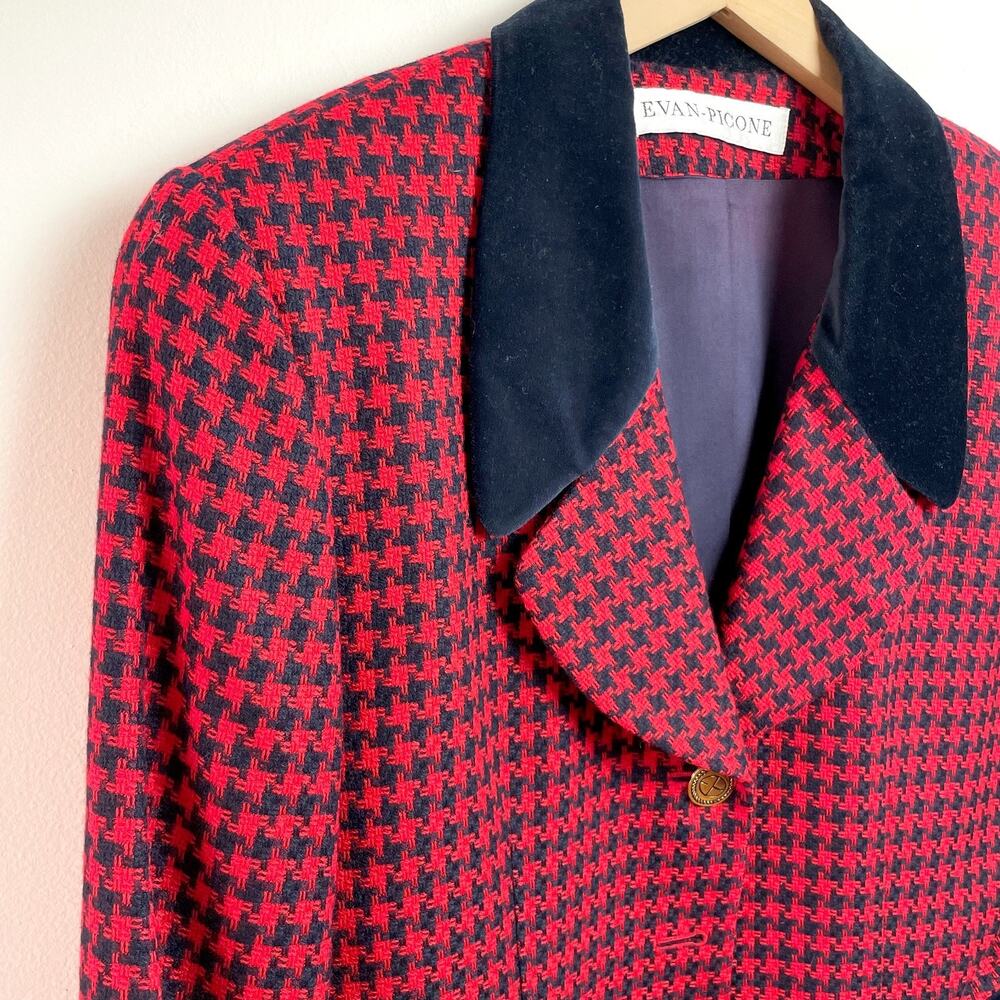 Vintage 90s Evan Picone Houndstooth Wool Blazer Medium Red Plaid Old Money - Picture 4 of 11